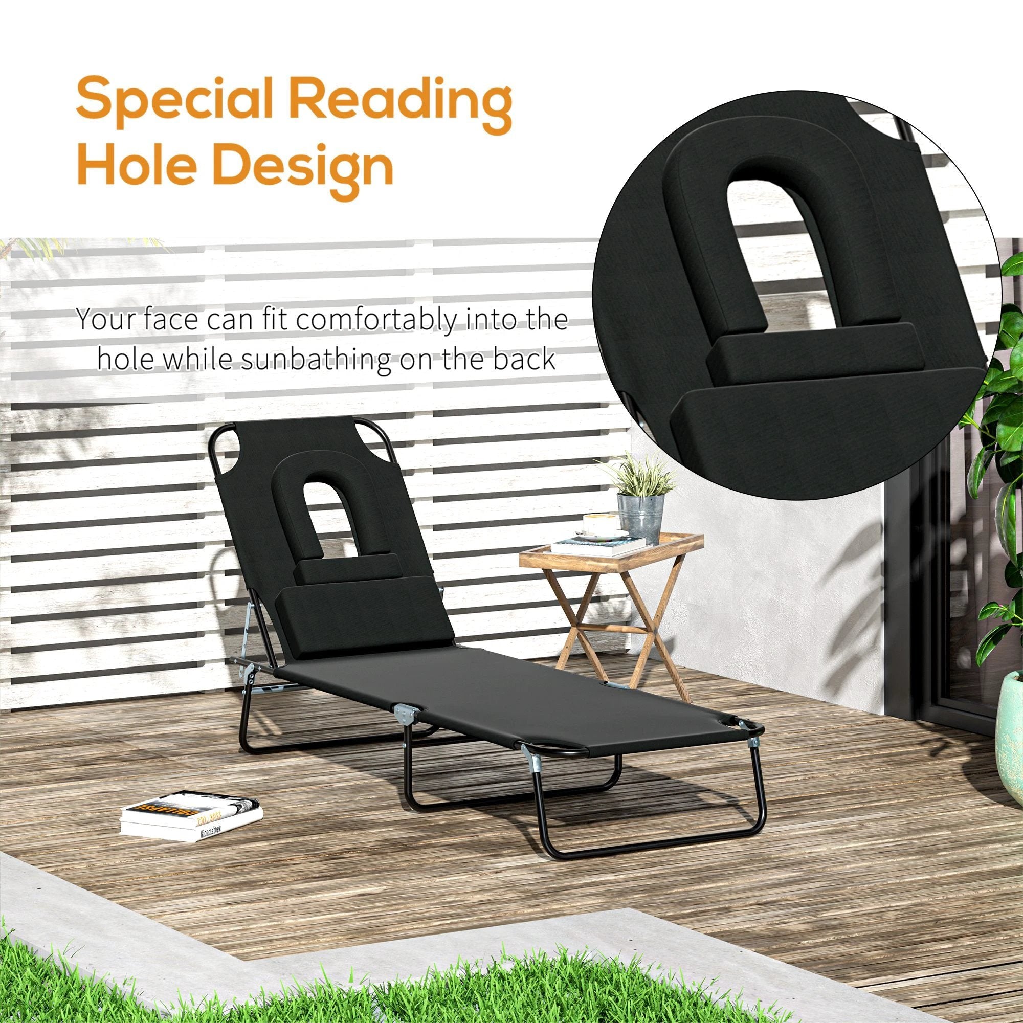Folding Sun Lounger Reclining Chair w/ Pillow Reading Hole by Outsunny