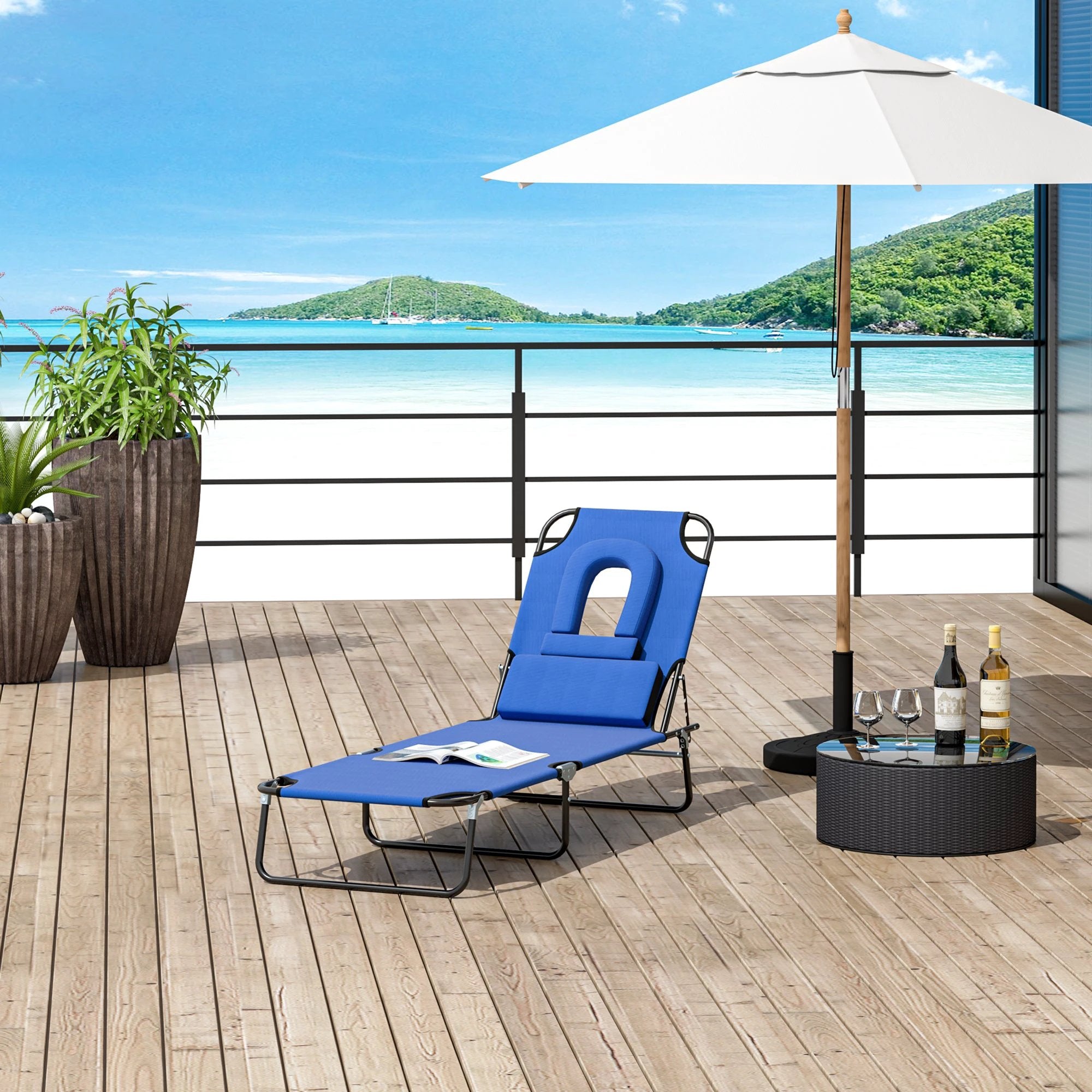 Folding Sun Lounger Reclining Chair w/ Pillow Reading Hole by Outsunny