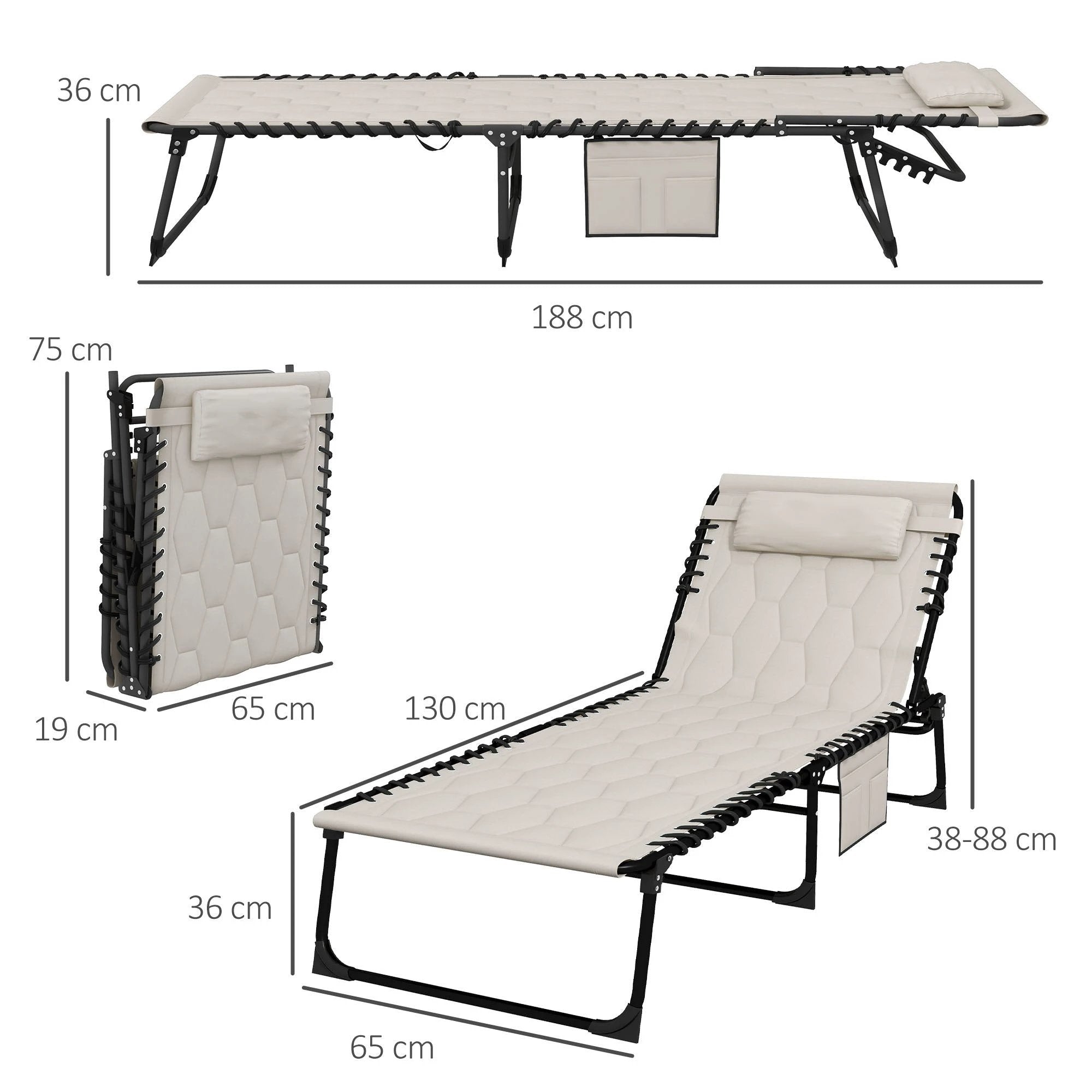 Outsunny Outsunny Foldable Sun Lounger Reclining Back, Sun Lounger w/ Padded Seat Khaki - Sun Lounger