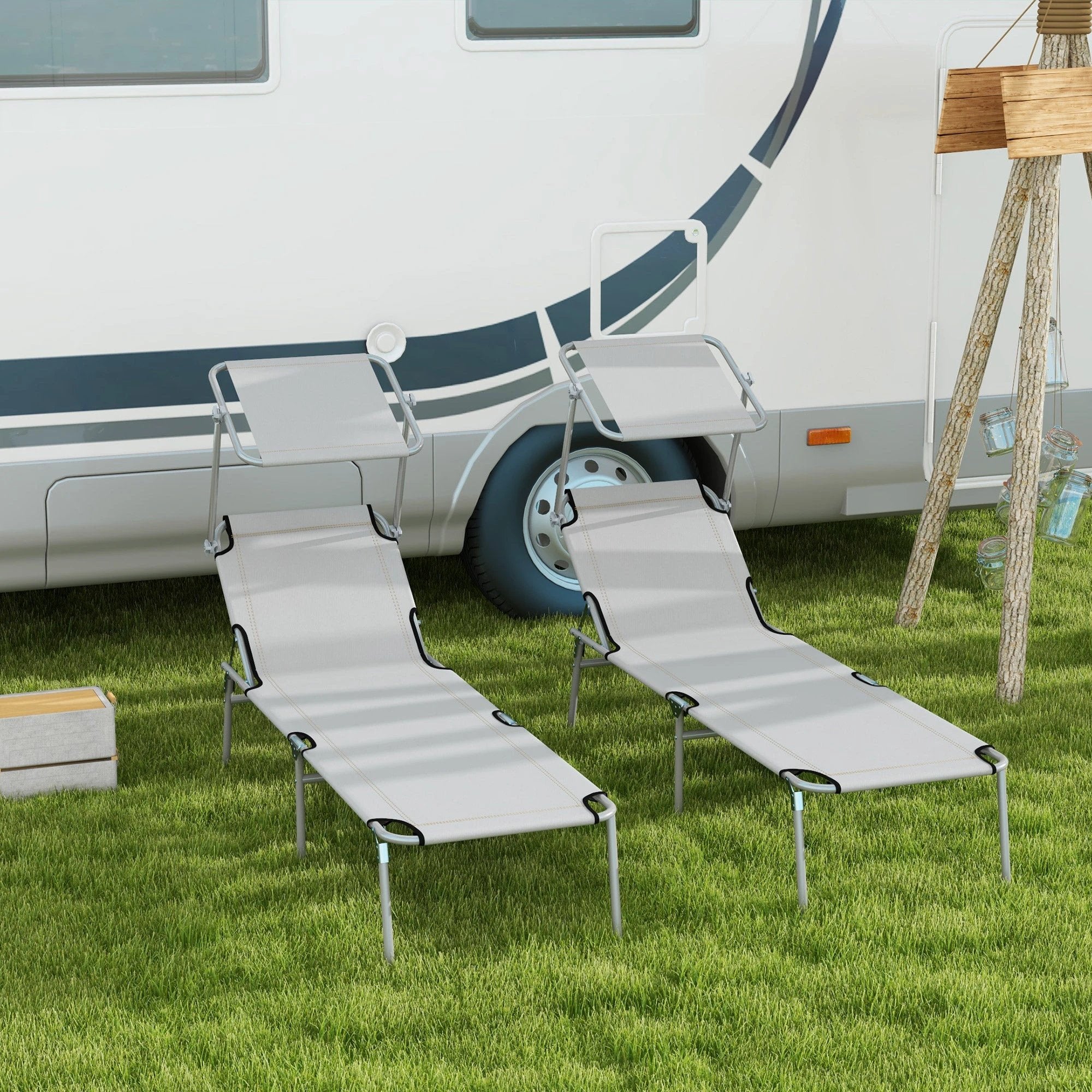 Outsunny Outsunny Folding Sun Lounger Set of 2 with Sunshade Adjustable Backrest - Uncategorized Sun Lounger