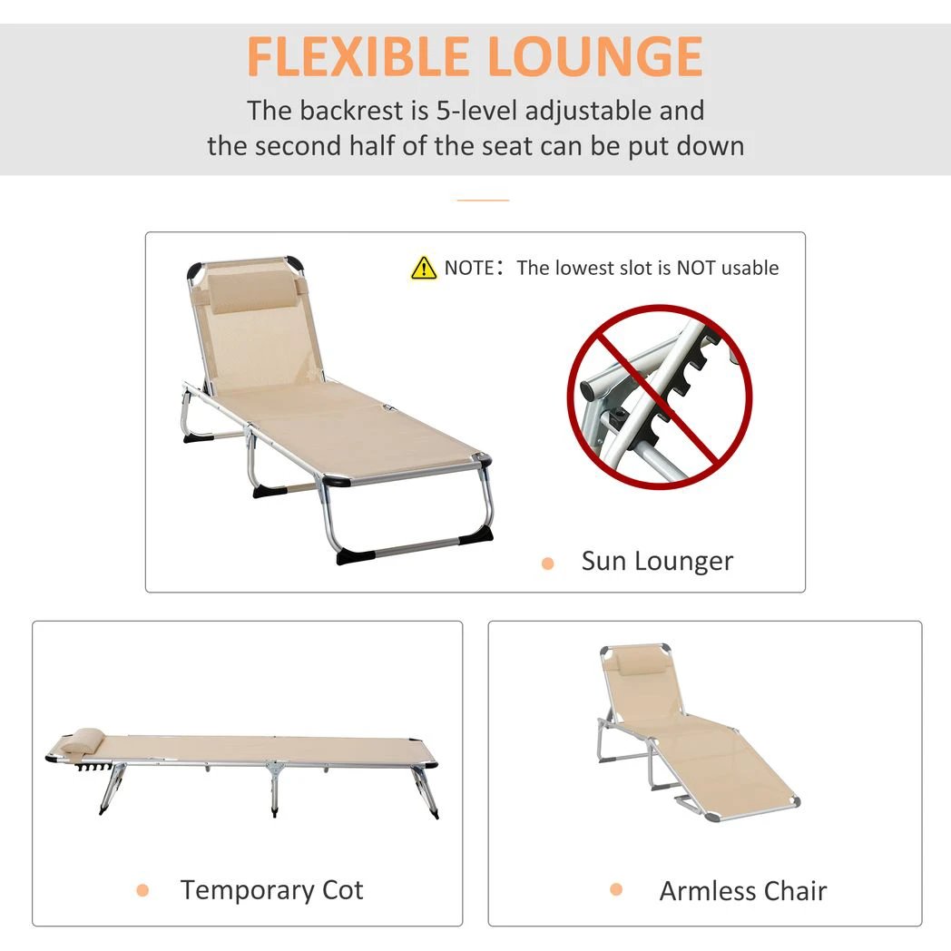 Outsunny Foldable Reclining Sun Lounger Lounge Chair Camping Bed Cot with Pillow - Sun Lounger