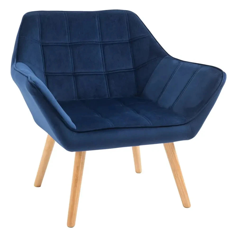 Luxe Velvet-Feel Accent Chair w/ Wide Arms Slanted Back Padding Wood Legs Blue by Unbranded