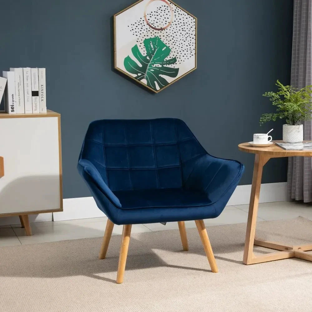 Luxe Velvet-Feel Accent Chair w/ Wide Arms Slanted Back Padding Wood Legs Blue by Unbranded
