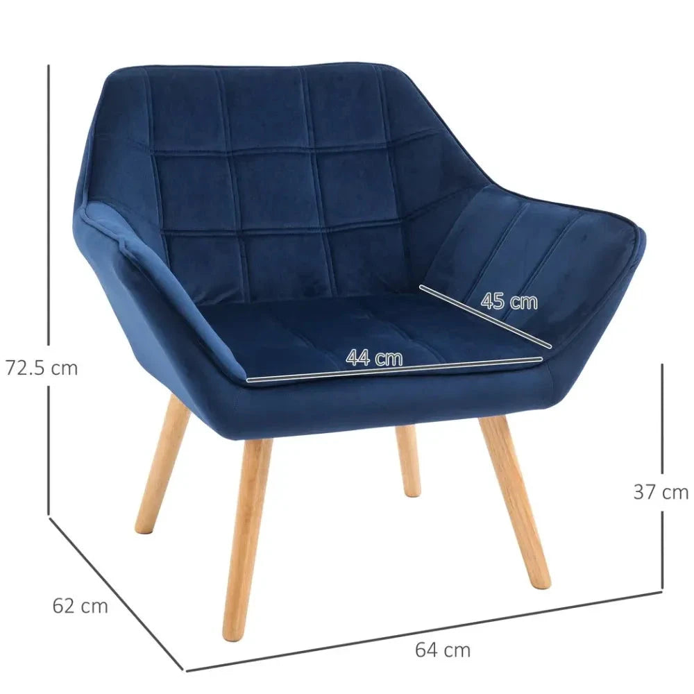 Luxe Velvet-Feel Accent Chair w/ Wide Arms Slanted Back Padding Wood Legs Blue by Unbranded
