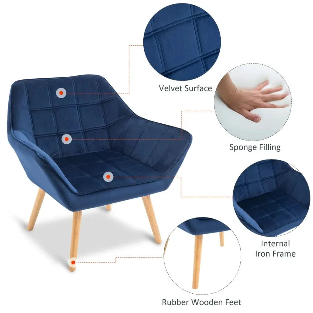 Luxe Velvet-Feel Accent Chair w/ Wide Arms Slanted Back Padding Wood Legs Blue by Unbranded