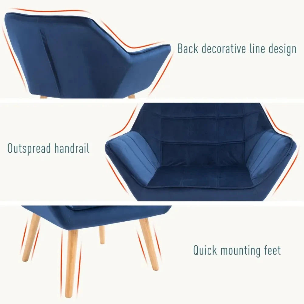 Luxe Velvet-Feel Accent Chair w/ Wide Arms Slanted Back Padding Wood Legs Blue by Unbranded