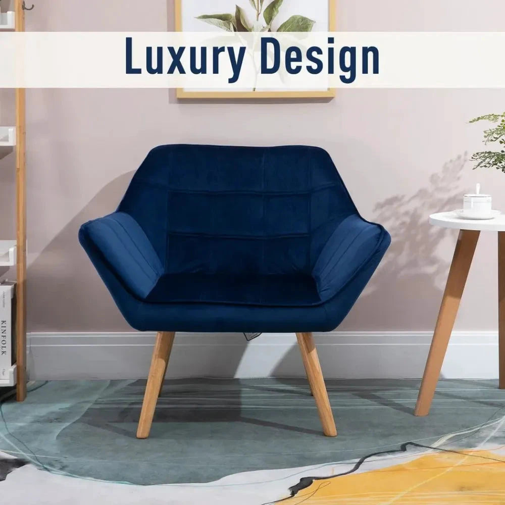Luxe Velvet-Feel Accent Chair w/ Wide Arms Slanted Back Padding Wood Legs Blue by Unbranded