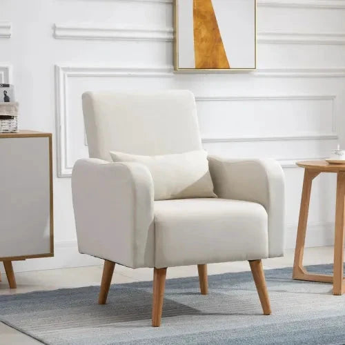 Nordic Armchair Linen-Touch Sofa Chair with Cushioned Pillow & Wood Legs Cream - Armchair