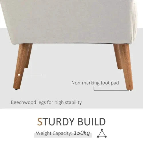 Nordic Armchair Linen-Touch Sofa Chair with Cushioned Pillow & Wood Legs Cream - Armchair