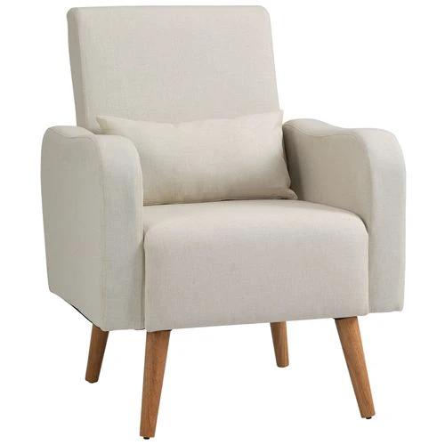 Nordic Armchair Linen-Touch Sofa Chair with Cushioned Pillow & Wood Legs Cream - Armchair