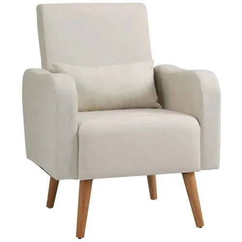 Nordic Armchair Linen-Touch Sofa Chair with Cushioned Pillow & Wood Legs Cream - Armchair