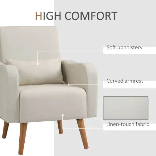Nordic Armchair Linen-Touch Sofa Chair with Cushioned Pillow & Wood Legs Cream - Armchair