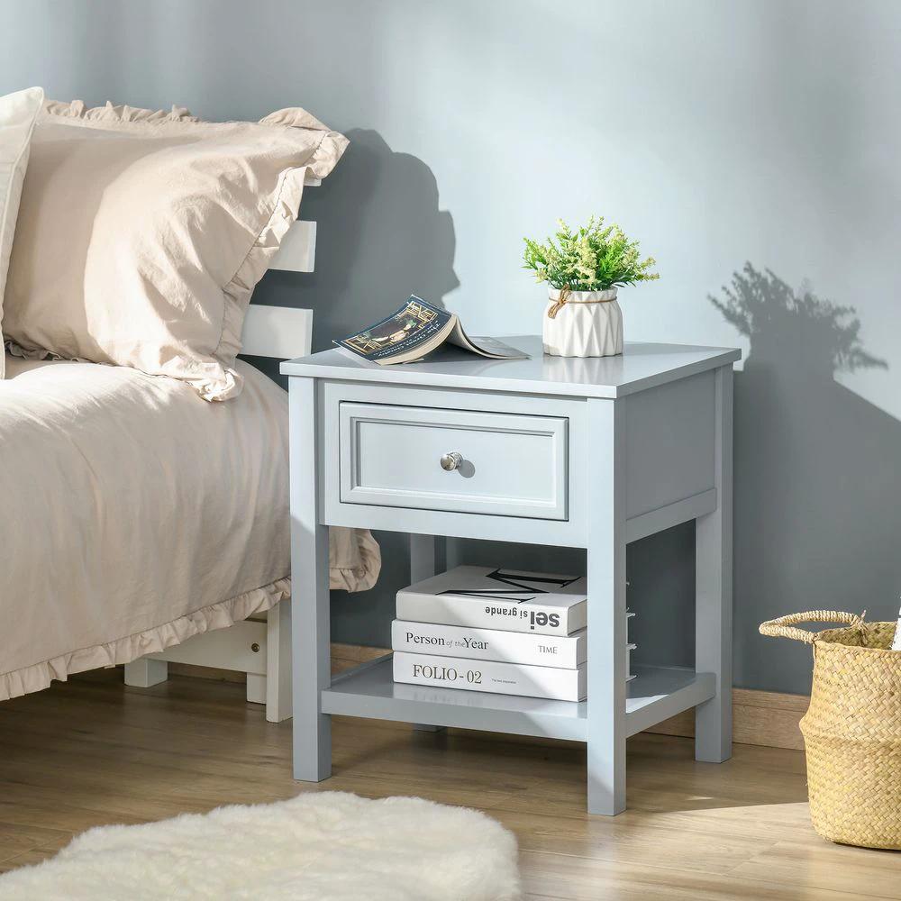 Boxy Accent Bedside End Table Nightstand Drawer Shelf Grey