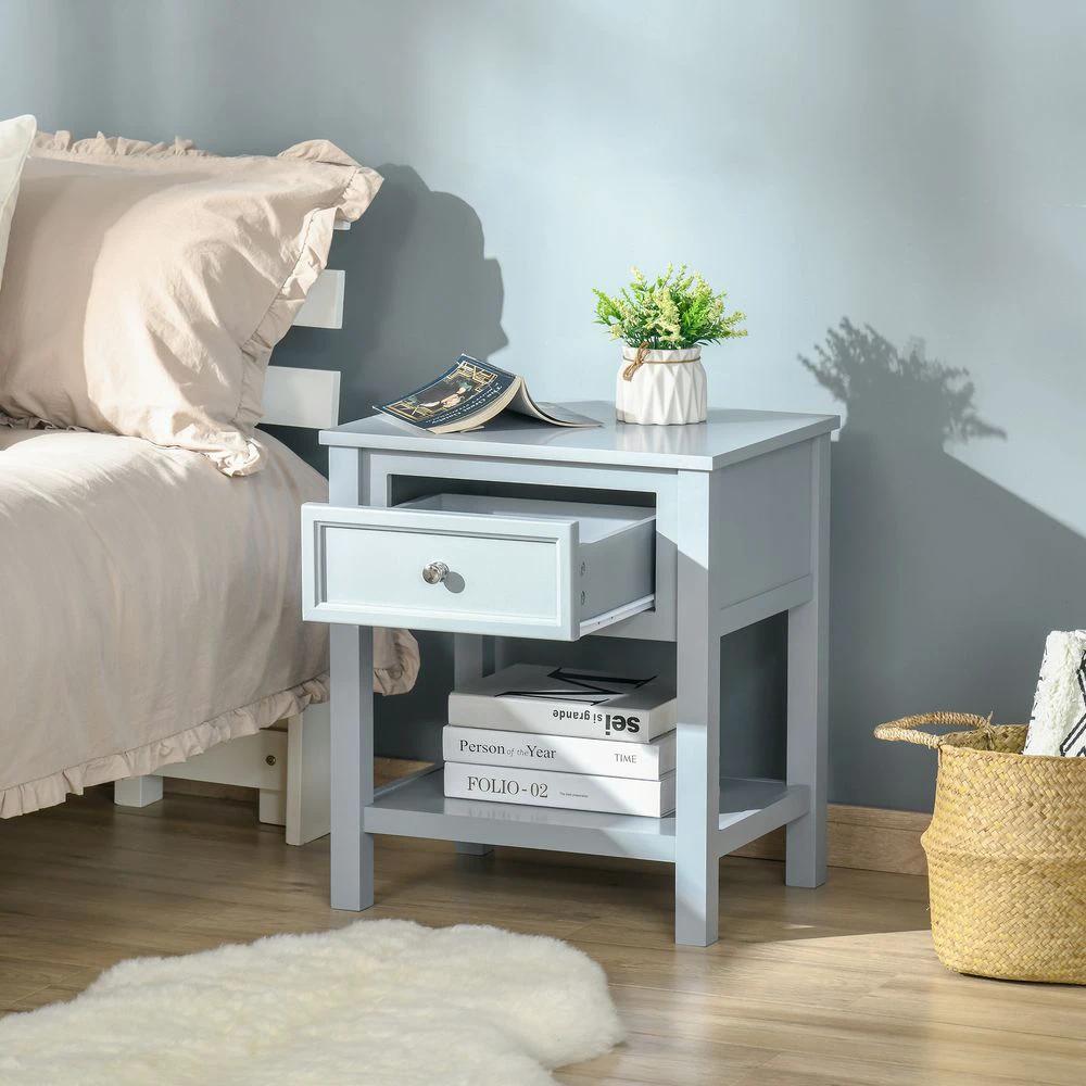 Boxy Accent Bedside End Table Nightstand Drawer Shelf Grey