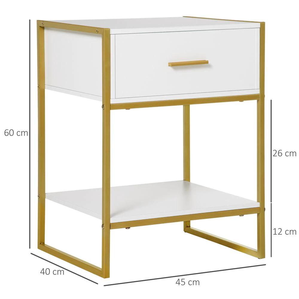 Modern Bedside Table Side Table Nightstand w/ Drawer Shelf White Gold by Unbranded
