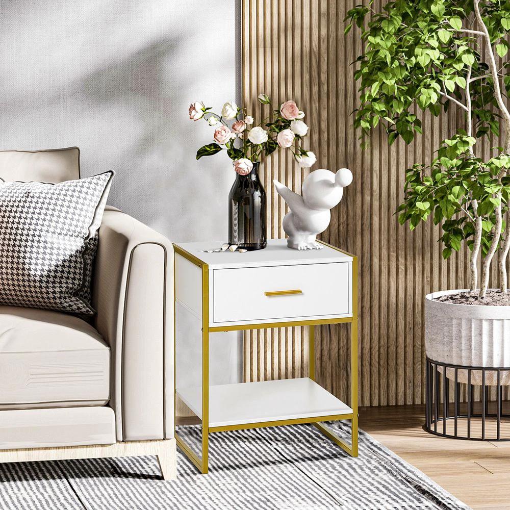 Modern Bedside Table Side Table Nightstand w/ Drawer Shelf White Gold by Unbranded