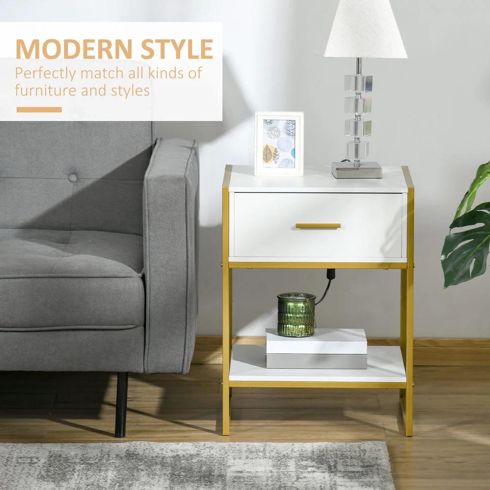 Modern Bedside Table Side Table Nightstand w/ Drawer Shelf White Gold by Unbranded