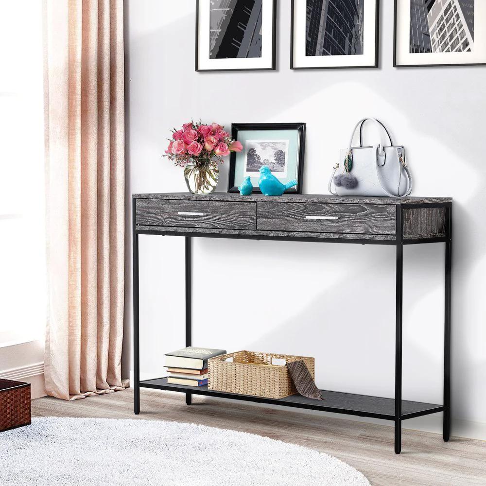Console Table Worktop Bottom Shelf 2 Drawer Industrial Minimal Grey