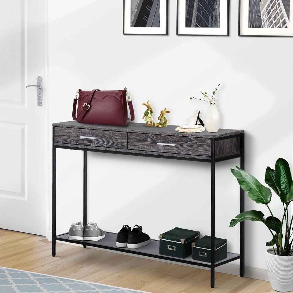 Console Table Worktop Bottom Shelf 2 Drawer Industrial Minimal Grey