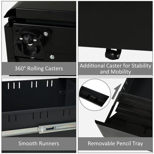 Unbranded 3 Draw Metal Filing Cabinet Lockable 4 Wheel Compact Under Desk Black Vinsetto - Filing Cabinet
