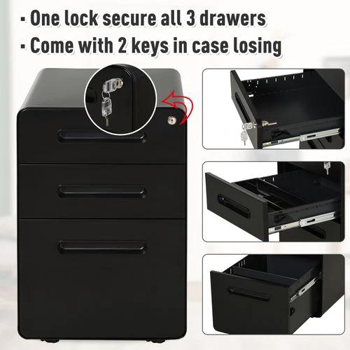 Unbranded 3 Draw Modern Steel Filing Cabinet w/ 4 Wheels Lock Pencil Box Black Vinsetto - Filing Cabinet