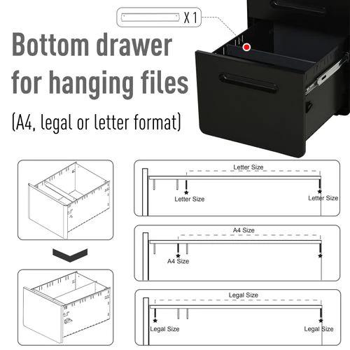 3 Draw Modern Steel Filing Cabinet w/ 4 Wheels Lock Pencil Box Black Vinsetto by Unbranded