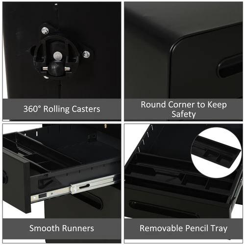 Unbranded 3 Draw Modern Steel Filing Cabinet w/ 4 Wheels Lock Pencil Box Black Vinsetto - Filing Cabinet