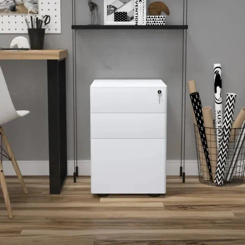 Unbranded 3 Drawer Metal Filing Cabinet Lockable 4 Wheels Compact Under Desk White - Filing Cabinet