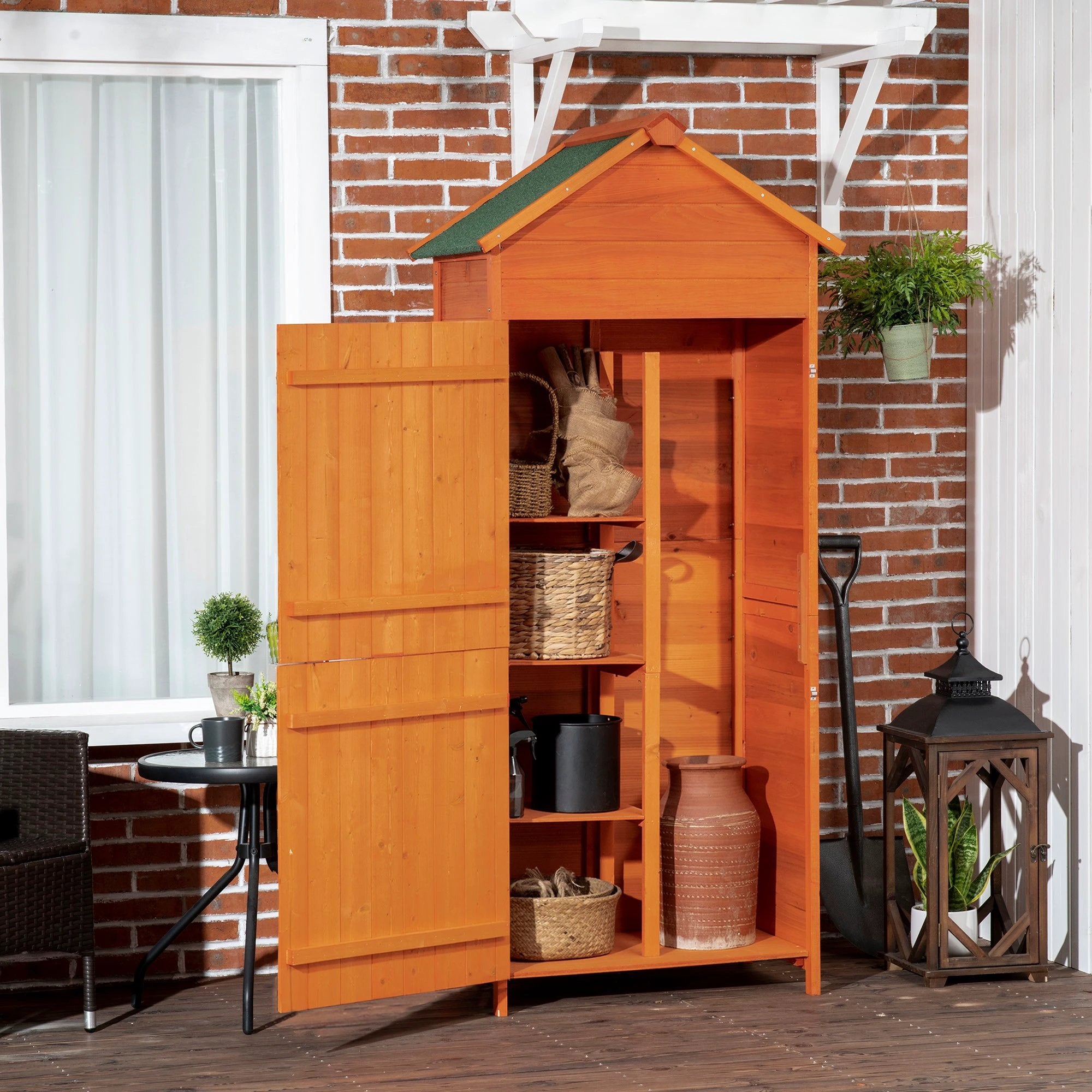 Wooden Garden Shed Outdoor Shelves Utility Tool Storage Cabinet Teak Outsunny by Unbranded