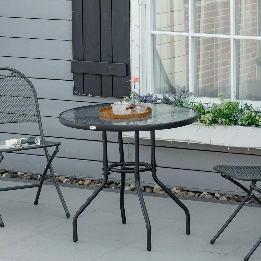 Unbranded Outdoor Round Dining Table Tempered Glass Top Steel w/ Parasol Hole 80cm - Uncategorized Garden Table