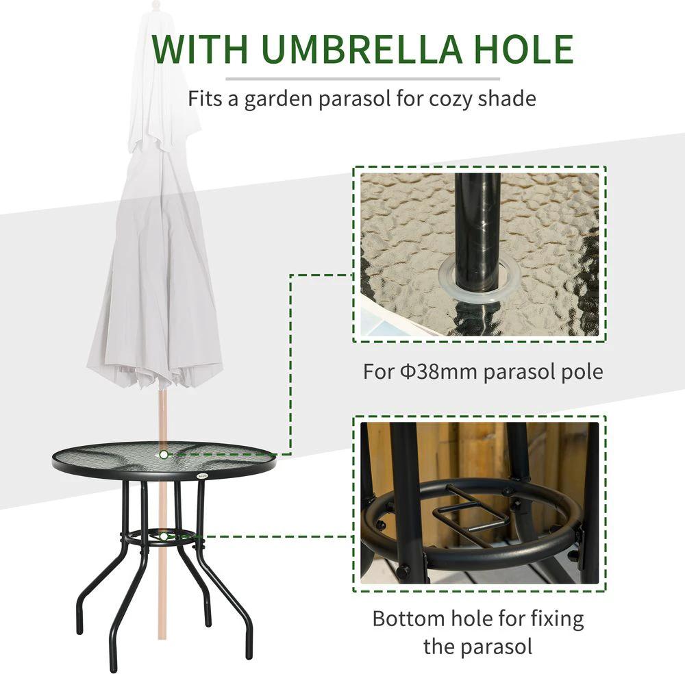 Unbranded Outdoor Round Dining Table Tempered Glass Top Steel w/ Parasol Hole 80cm - Uncategorized Garden Table