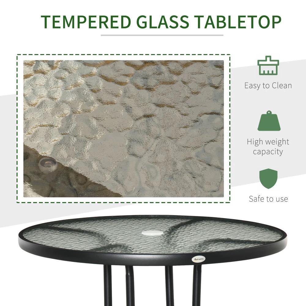Unbranded Outdoor Round Dining Table Tempered Glass Top Steel w/ Parasol Hole 80cm - Uncategorized Garden Table