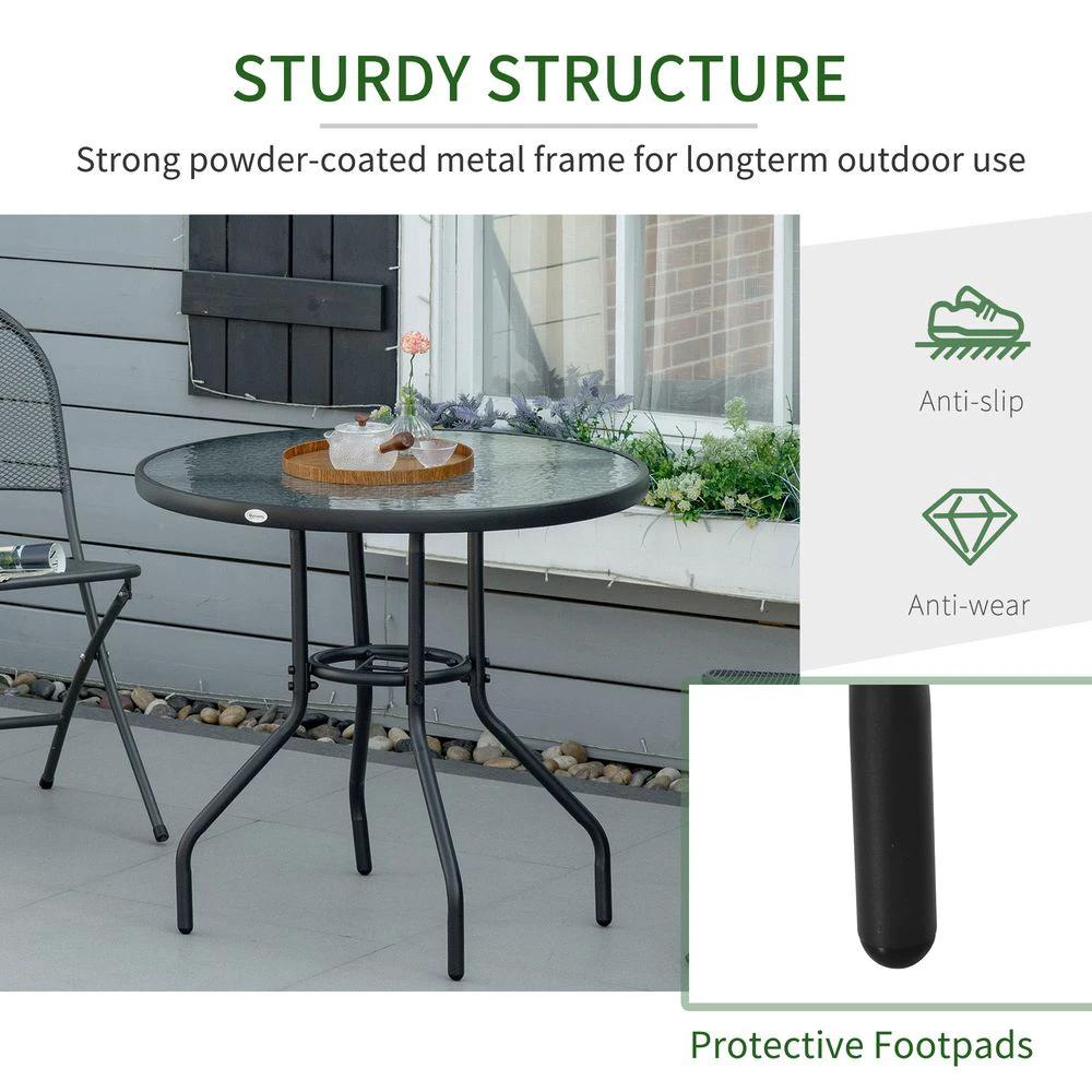 Unbranded Outdoor Round Dining Table Tempered Glass Top Steel w/ Parasol Hole 80cm - Uncategorized Garden Table