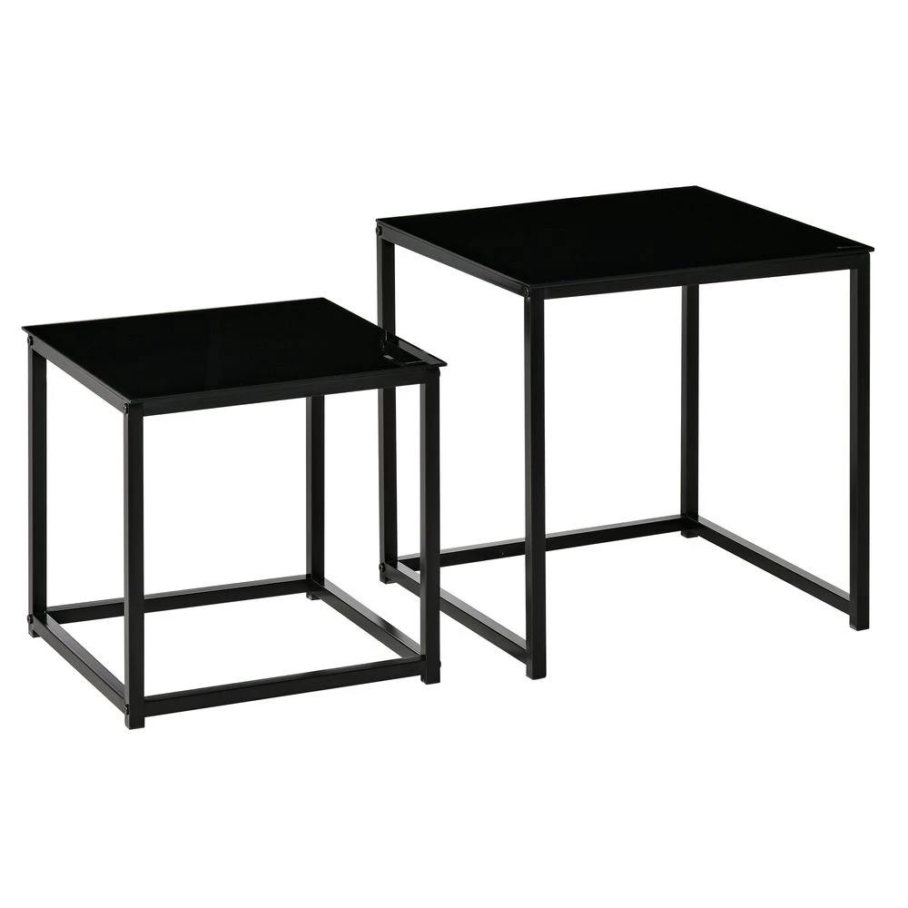 Unbranded Nest of 2 Side Tables Set of Bedside Tables w/ Tempered Glass Desktop Black - Uncategorized Nest of Tables