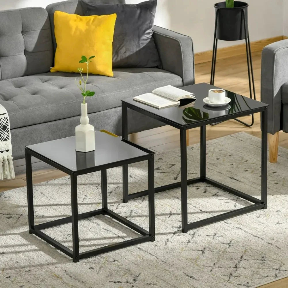 Unbranded Nest of 2 Side Tables Set of Bedside Tables w/ Tempered Glass Desktop Black - Uncategorized Nest of Tables