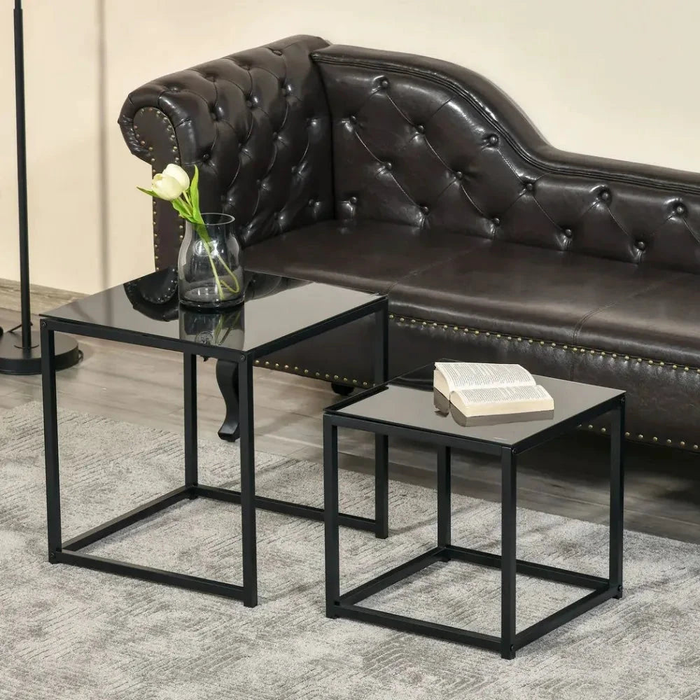 Unbranded Nest of 2 Side Tables Set of Bedside Tables w/ Tempered Glass Desktop Black - Uncategorized Nest of Tables