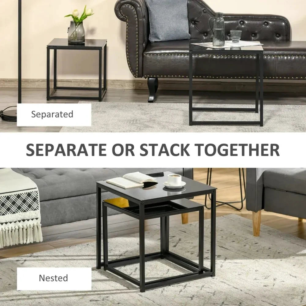 Unbranded Nest of 2 Side Tables Set of Bedside Tables w/ Tempered Glass Desktop Black - Uncategorized Nest of Tables