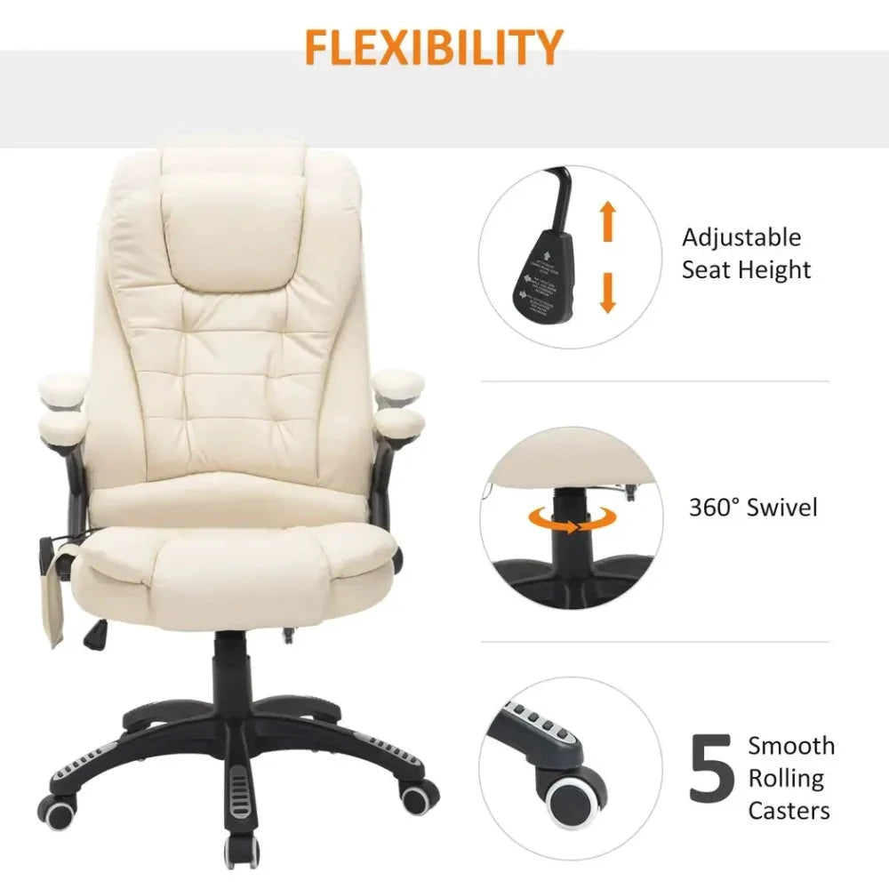 Executive Office Chair with Massage and Heat PU Leather Reclining Chair, Beige by Unbranded