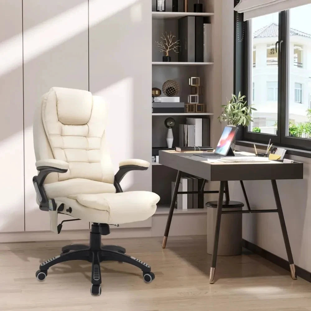 Executive Office Chair with Massage and Heat PU Leather Reclining Chair, Beige by Unbranded