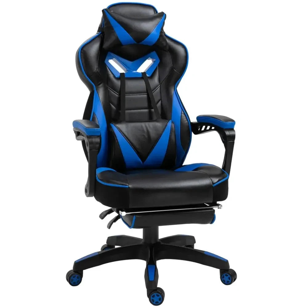 Gaming Chair Ergonomic Reclining w/ Manual Footrest Wheels Stylish Office Blue - Office Chair