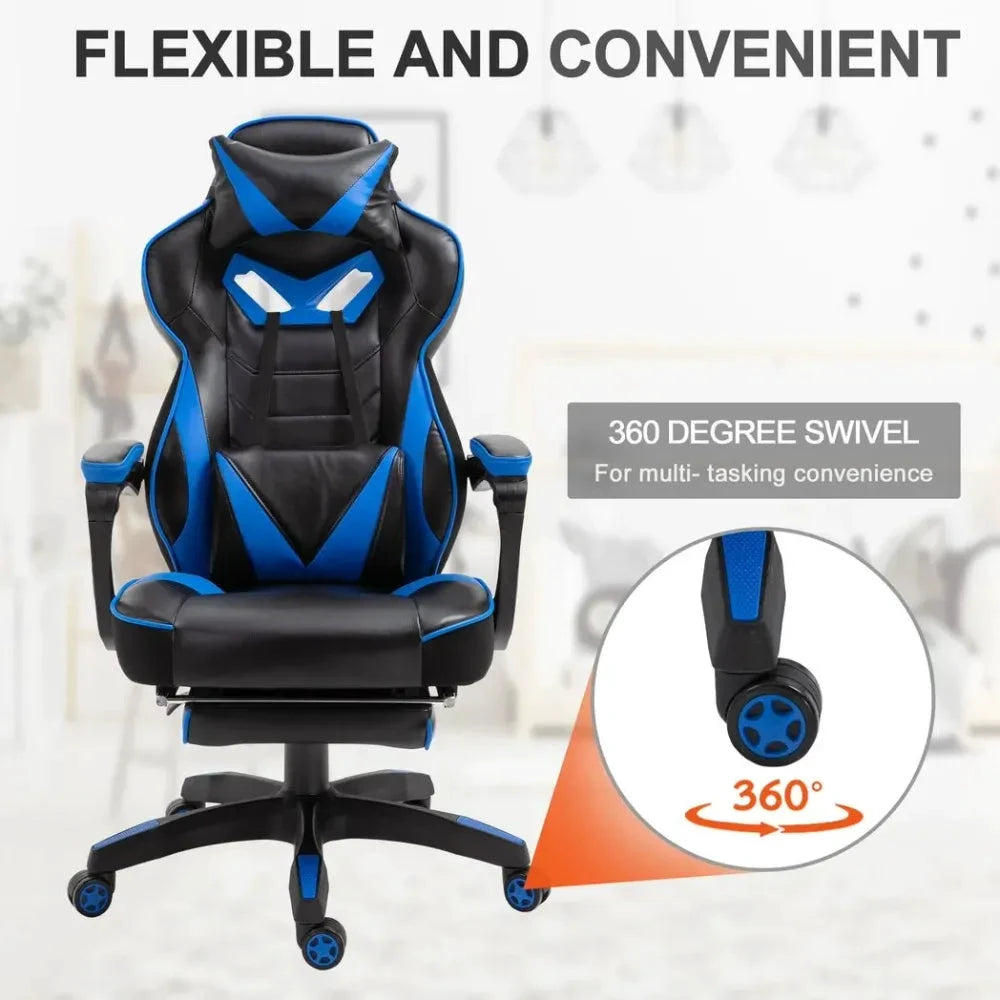 Gaming Chair Ergonomic Reclining w/ Manual Footrest Wheels Stylish Office Blue - Office Chair