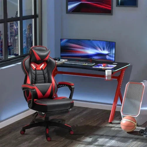 Gaming Chair Ergonomic Reclining w/ Manual Footrest Wheels Stylish Office Red by Unbranded