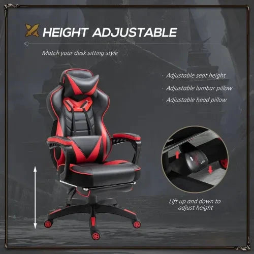 Gaming Chair Ergonomic Reclining w/ Manual Footrest Wheels Stylish Office Red by Unbranded