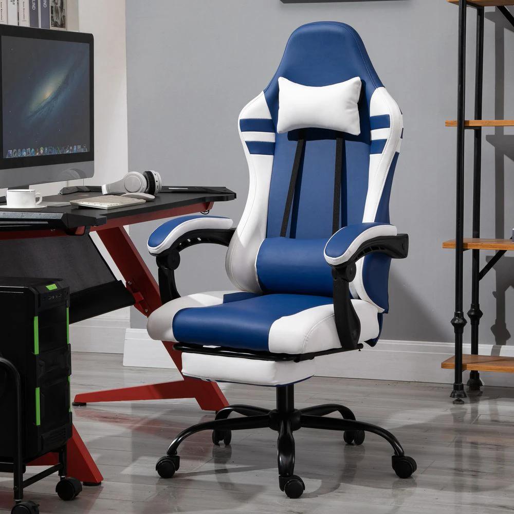 Luxe PU Leather Gaming Office Chair w/ Footrest Wheels Reclining Back Red/ Blue - Office Chair