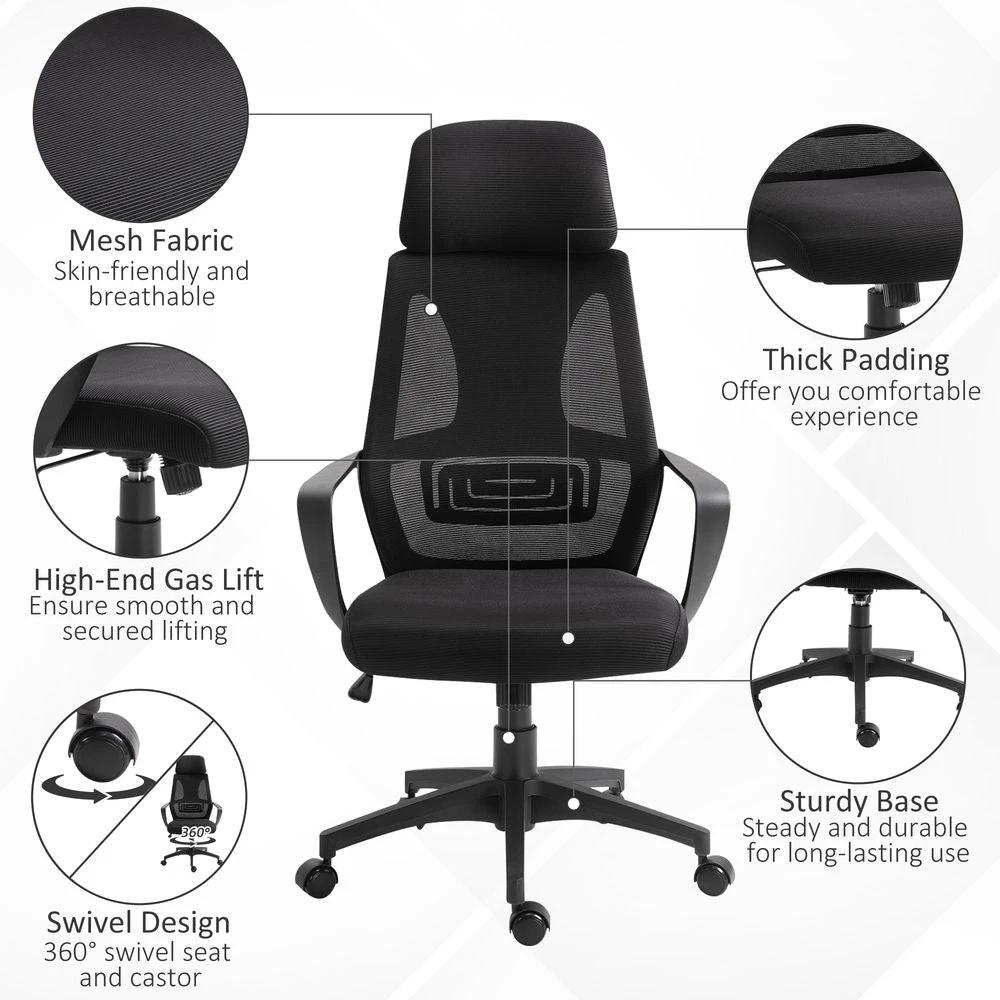 Unbranded Mesh Back Office Chair w/ Adjustable Height Padded Headrest Black Vinsetto - Office Chair