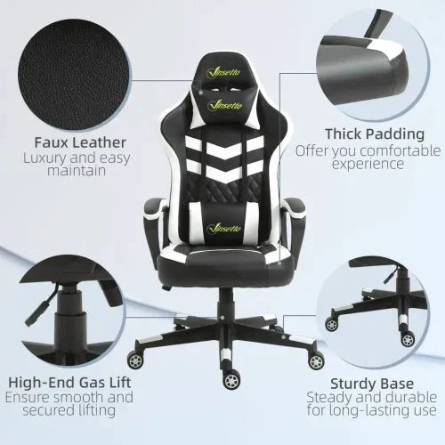 Racing Gaming Chair w/ Lumbar Support, Headrest, Gamer Office Chair, Black White
