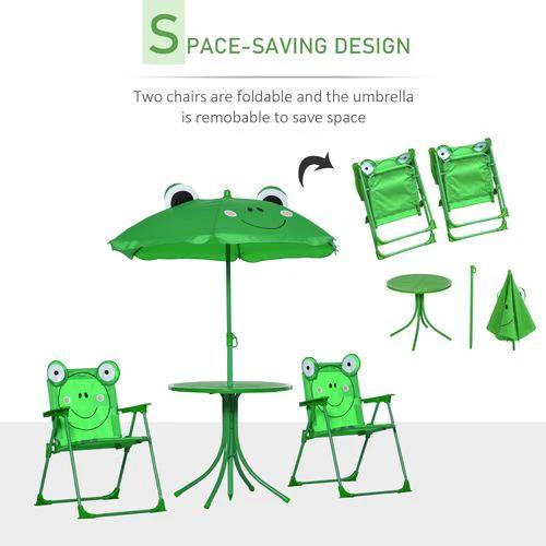 Foldable Patio Kids Metal Picnic Table w/ Frog Umbrella Green 4-piece - Picnic Tables