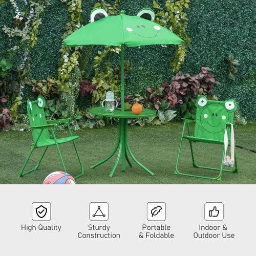 Foldable Patio Kids Metal Picnic Table w/ Frog Umbrella Green 4-piece - Picnic Tables
