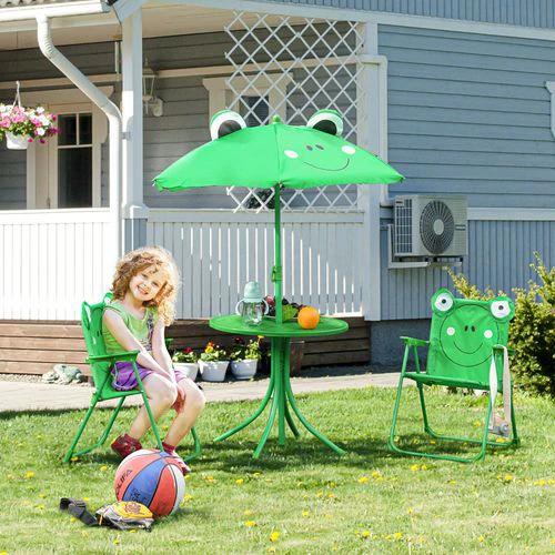 Foldable Patio Kids Metal Picnic Table w/ Frog Umbrella Green 4-piece - Picnic Tables
