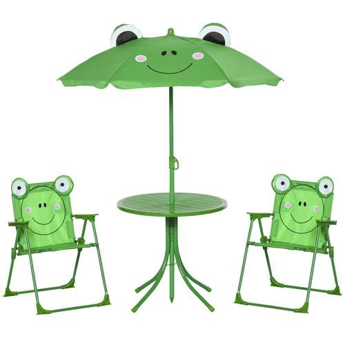 Foldable Patio Kids Metal Picnic Table w/ Frog Umbrella Green 4-piece - Picnic Tables